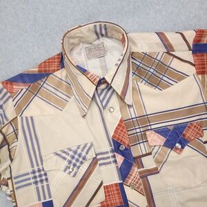 VTG H Bar C Pearl Snap Shirt Men's 15.5 Beige Patch Work Plaid Western Polyester
